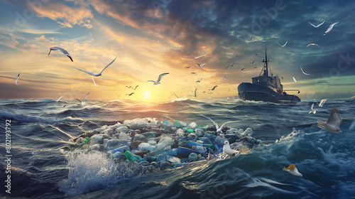 a large amount of trash and debris floating on the surface of the ocean photo