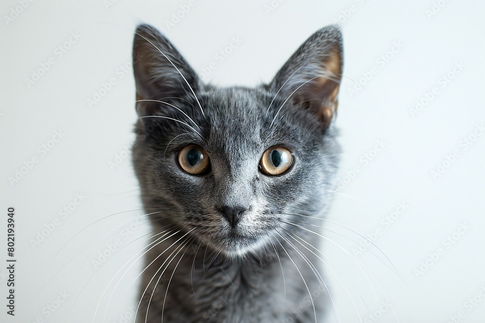 Cute gray cat with blue eyes on white background, close up