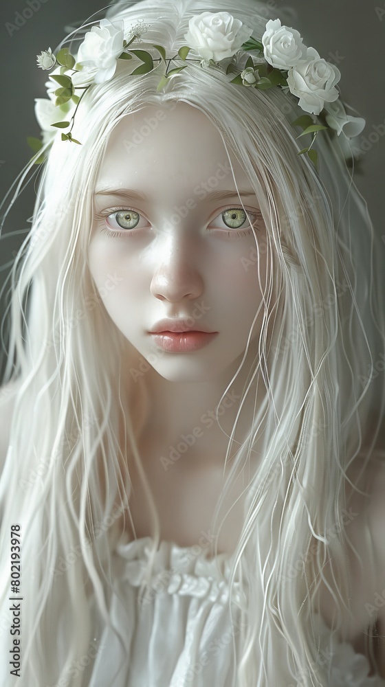 albino girl with a wreath of flowers on her head. albino girl with a wreath of flowers on her head.