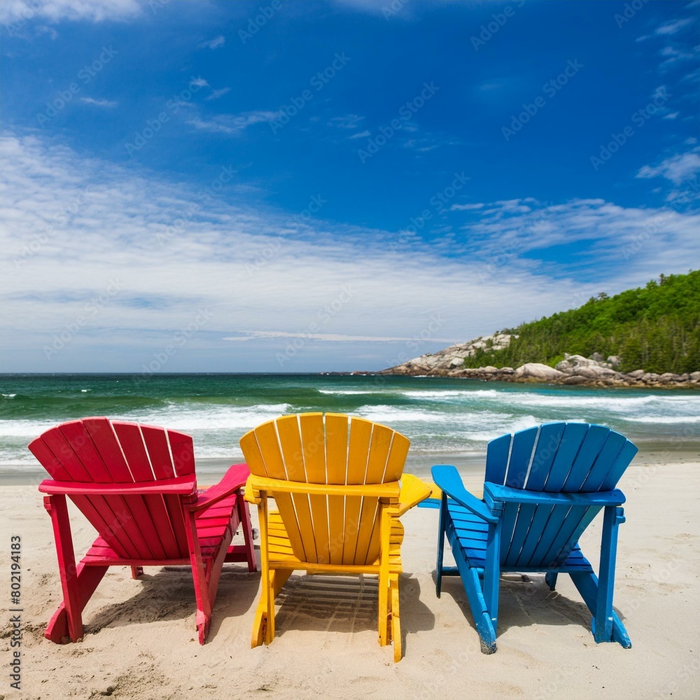 Brightly colored primary hues empty Adirondack chairs in a peaceful setting outdoors
