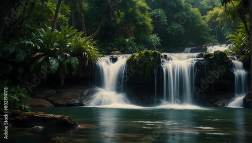 Panoramic View of Couple Enjoying Tropical Paradise, Surrounded by Lush Rainforests, Waterfalls, and Exotic Wildlife - Vibrant Scene