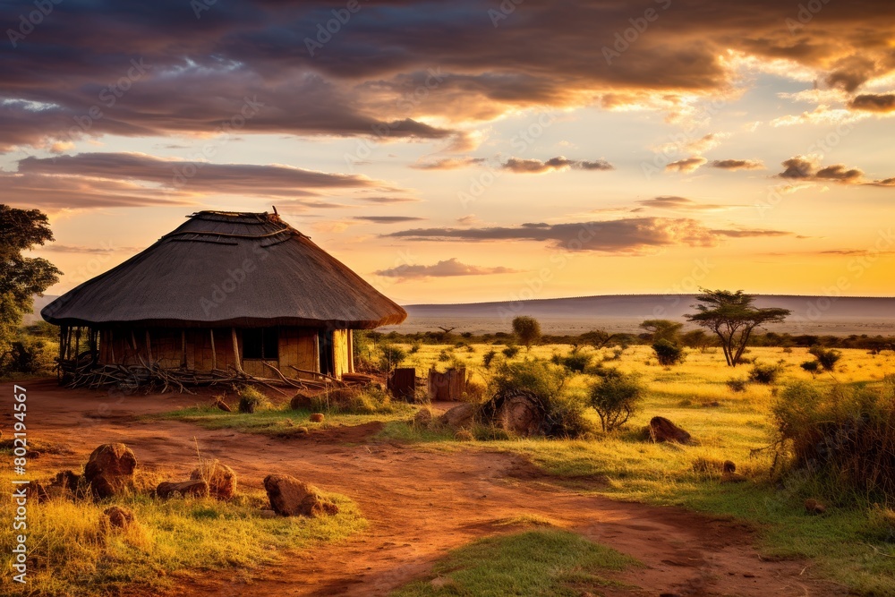 A Traditional African Hut Nestled in the Heart of a Lush Savannah Underneath a Vibrant Sunset Sky