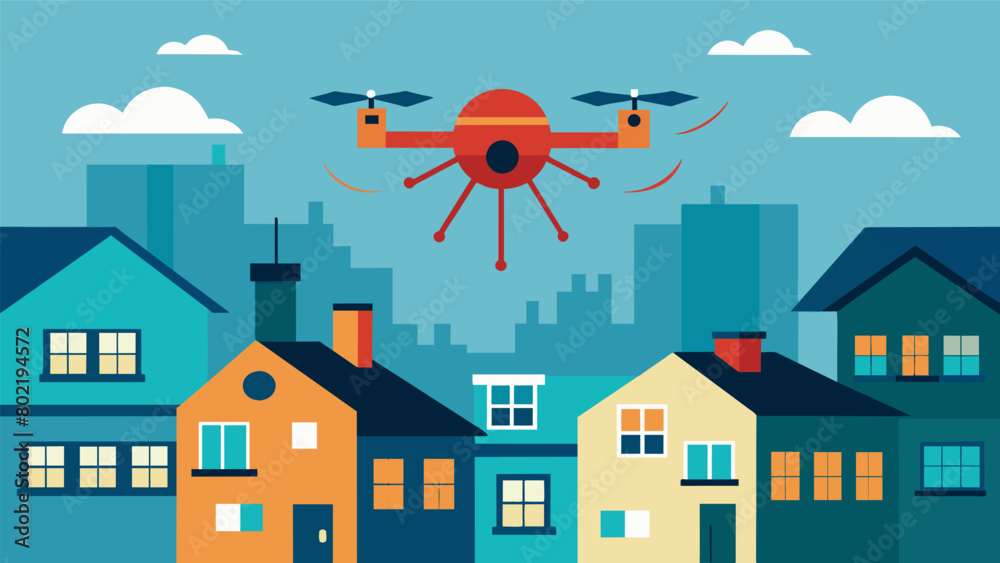 The drone soared high above residential areas releasing a piercing alarm and broadcasting a fake emergency announcement causing panic and chaos a.