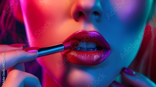 Woman model applied red lipstick in in high pigmentation image tones photo