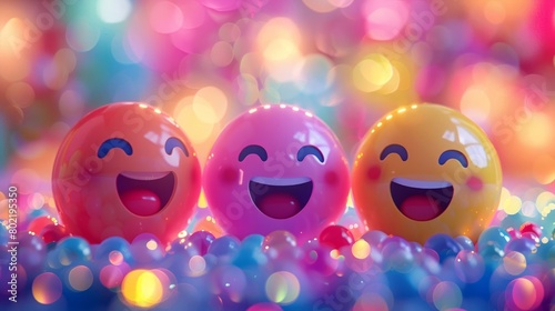 Happy emojis on vibrant balls basking under a rainbow light, evoking joyous celebration.