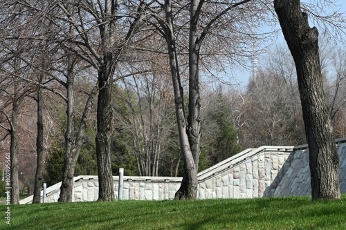Granite staircase surrounded by trees and lawns