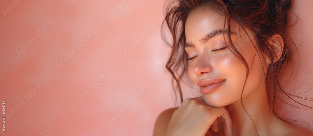A young woman with a radiant smile, a curly hair updo, poses against a soft pink background, her dreamy gaze lowered and a gentle smile gracing her features. Space for text A young woman with a radiant smile, a curly hair updo, poses against a soft pink background, her dreamy gaze lowered and a gentle smile gracing her features. Space for text