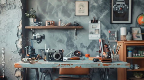 Creative space in art studio. Front view of the work desk with retro camera, office supplies and grey wall on the background. © Farda