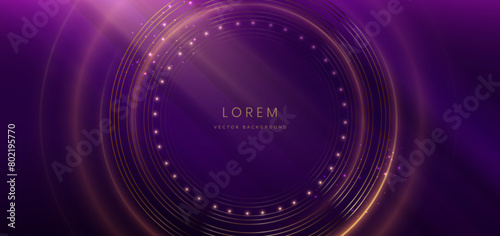 Luxury dark purple background with circle glowing golden line lighting effect sparkle. Template premium award ceremony design.