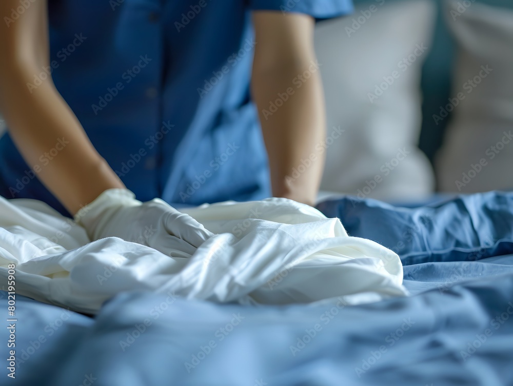 Obraz premium Close up, maid puts puts the sheets on the bed