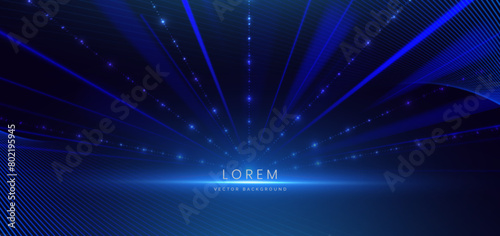 Abstract futuristic glowing blue neon curved light lines with speed motion moving on dark blue background.
