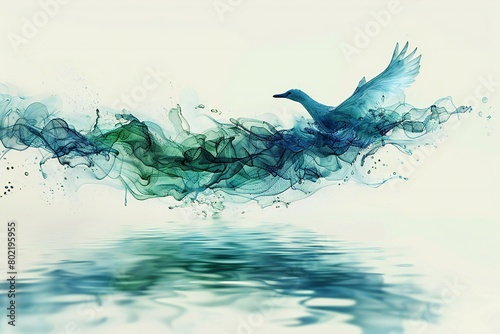 Flying swan with green and blue ink in water on white background photo