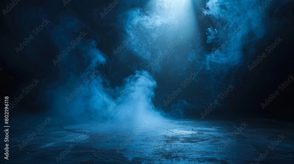 Dark empty scene, blue neon searchlight light, wet asphalt, smoke, night view, rays. Empty black studio room. Dark background. Abstract dark empty studio room texture.  Product showcase spotlight back