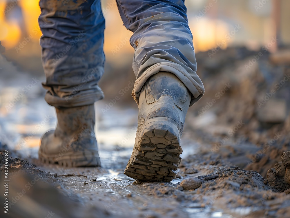 Close up of worker walking on construction area Close up of worker walking on construction area