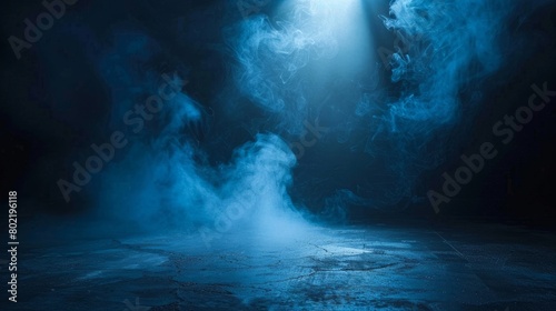 Dark empty scene, blue neon searchlight light, wet asphalt, smoke, night view, rays. Empty black studio room. Dark background. Abstract dark empty studio room texture. Product showcase spotlight back