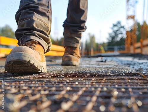 Close up of worker walking on construction area
