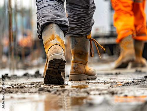 Close up of worker walking on construction area