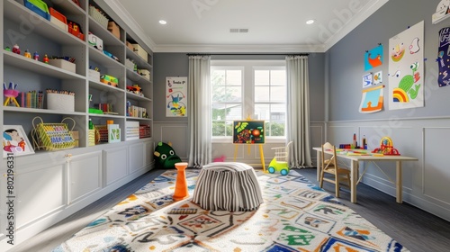 Inspirational kids' room with a soft gray base, vibrant home decor, and educational setups including an art supplies station and interactive decals