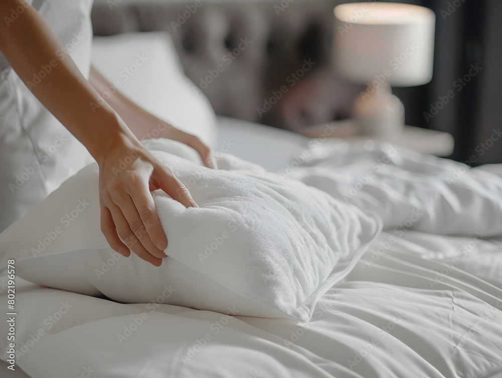 Maid puts pillow on bed close up