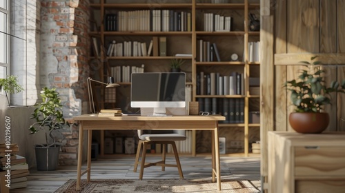 Empty wooden loft desk with open modern laptop and book on, cozy living room interior design of student or freelance employee, comfortable domestic workplace with table and computer in apartment