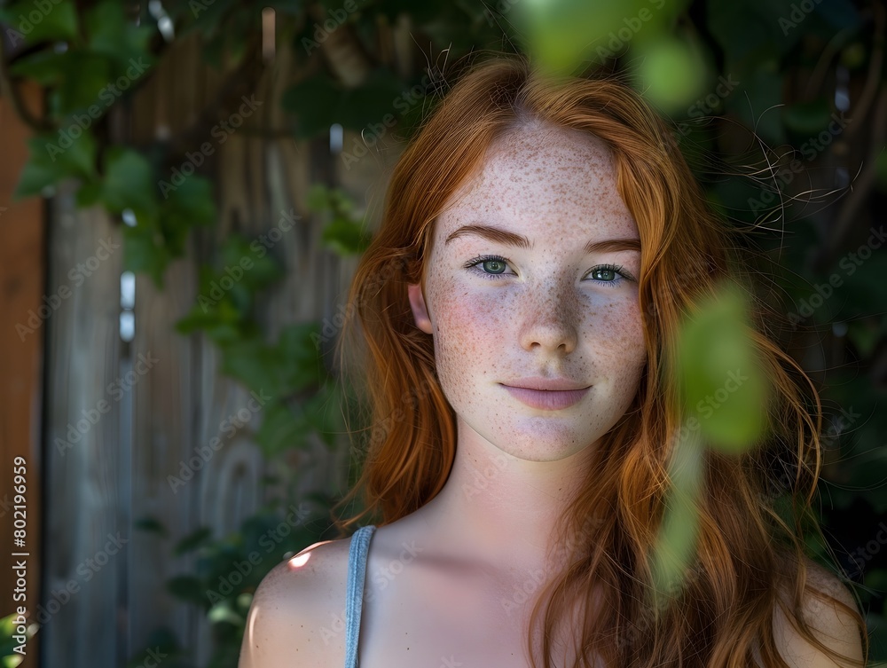 Naklejka premium Portrait beautfiul and a little freckledEnglish women in front of his yard