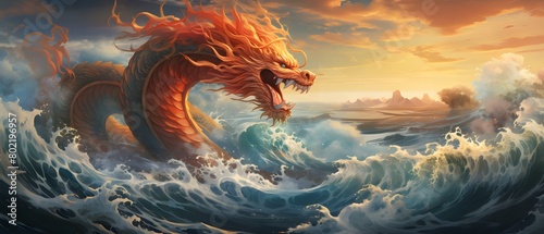 A colorful Chinese brush painting of a highly detailed colorful Chinese dragon baring its fangs. Fly among beautiful clouds Below the picture is a blue sea. The light hits the waves and sparkles. photo