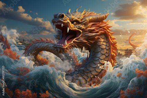 A colorful Chinese brush painting of a highly detailed colorful Chinese dragon baring its fangs. Fly among beautiful clouds Below the picture is a blue sea. The light hits the waves and sparkles. photo