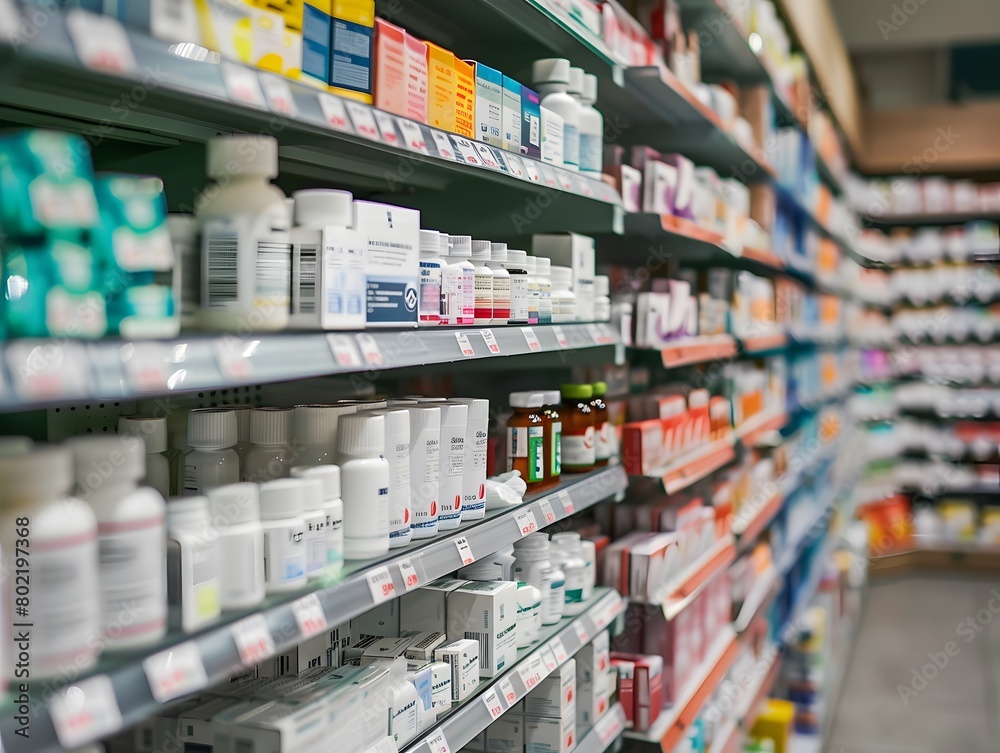 Shelves of medicine on a shelf in the store Shelves of medicine on a shelf in the store