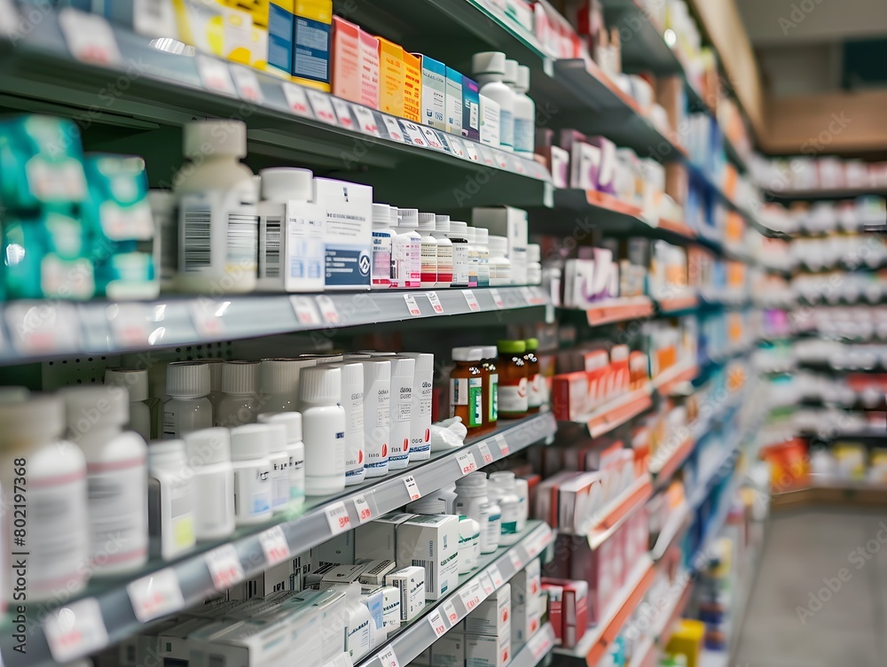 Shelves of medicine on a shelf in the store