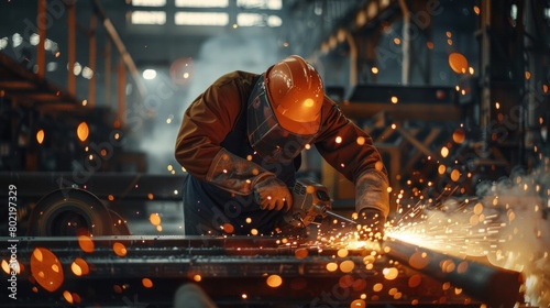 Heavy Industry Engineering Factory Interior with Industrial Worker Using Angle Grinder and Cutting a Metal Tube. Contractor in Safety Uniform and Hard Hat Manufacturing Metal Structures. © Farda