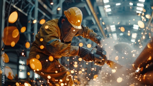 Heavy Industry Engineering Factory Interior with Industrial Worker Using Angle Grinder and Cutting a Metal Tube. Contractor in Safety Uniform and Hard Hat Manufacturing Metal Structures. © Aytaj