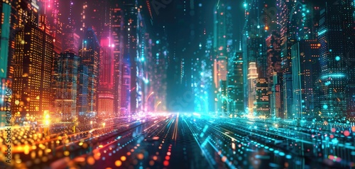 Futuristic cityscape with glowing neon lights and digital data streams  representing the power of AI in urban tech innovation