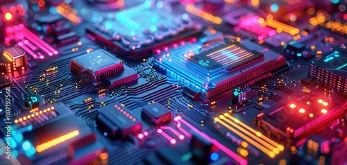 3D rendering of colorful neon glowing computer motherboards and chips on a circuit board background