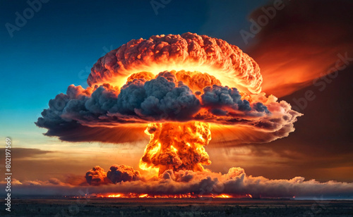Witness the destructive beauty of a nuclear explosion, as the fiery mushroom cloud rises into the sky.