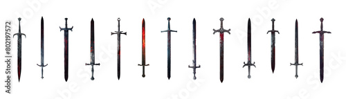 Set pf antique medieval swords cutout. MEGA PACK COLLECTION. Long sword, broadsword, sabre, dagger. Antique relics of ancient wars and civilizations. Fight and defense weapon. 