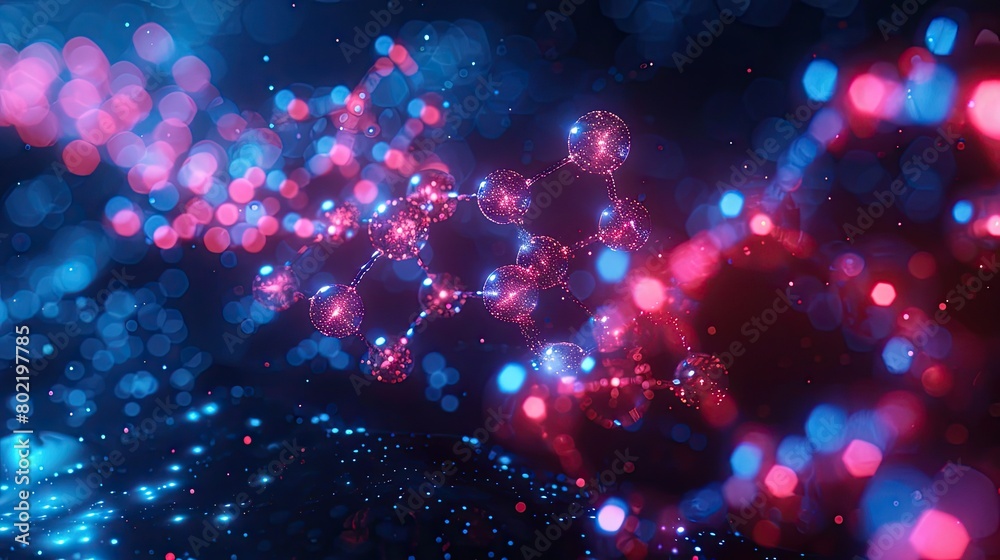 Abstract futuristic background with glowing particles and a DNA structure, in blue, red, and pink colors Abstract futuristic background with glowing particles and a DNA structure, in blue, red, and pink colors