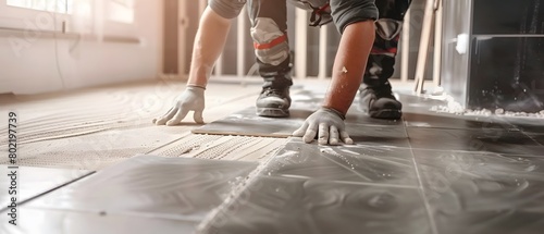 Tiler lays floor tiles