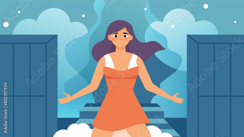 A woman steps out of the sauna her skin glistening with sweat and her hair damp from the steam. She feels refreshed and rejuvenated her hangover.