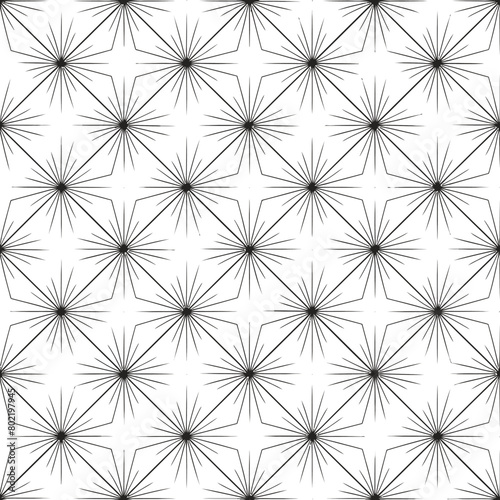 A seamless pattern of simple line art diamond and star shapes in simple lines on a black and white background