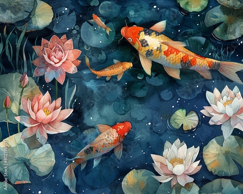 A watercolor illustration of a vibrant koi pond, with colorful fish, water lilies, and serene nature elements in the background