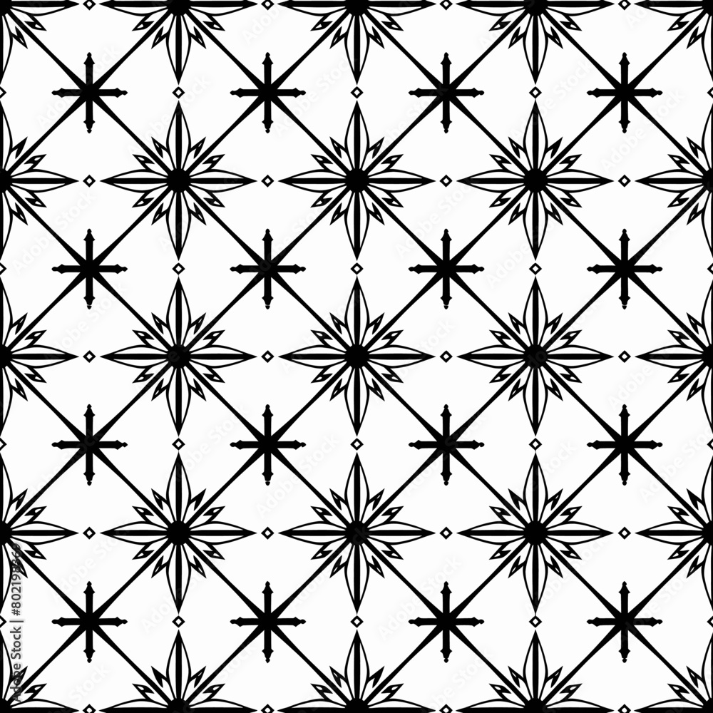A seamless pattern of simple line art diamond and star shapes in simple lines on a black and white background A seamless pattern of simple line art diamond and star shapes in simple lines on a black and white background