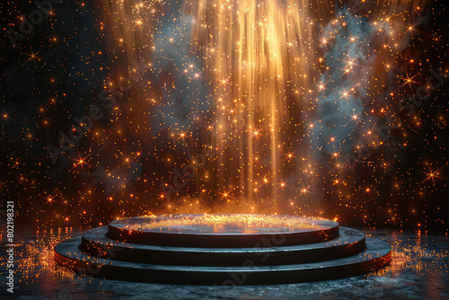 A cinematic photograph of an illuminated circular podium with glowing particles. Created with Ai