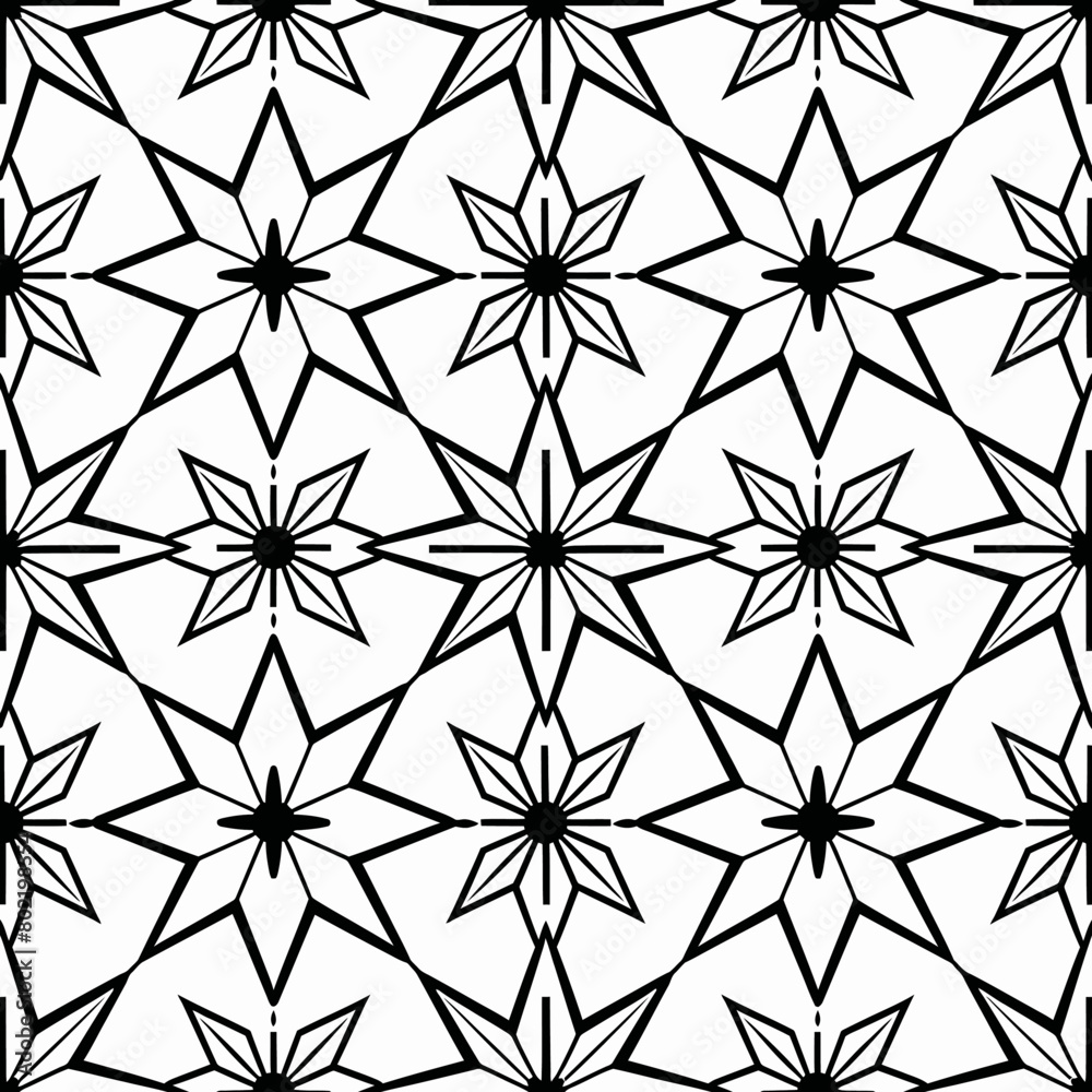 A seamless pattern of simple line art diamond and star shapes in simple lines on a black and white background