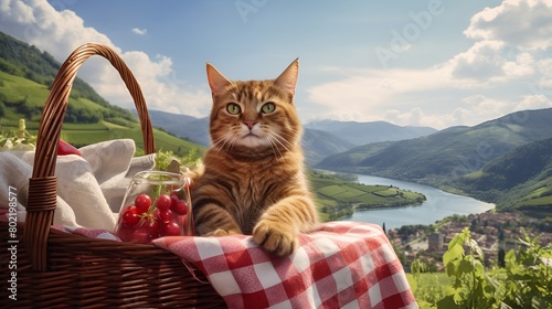  A ginger cat sits in a picnic basket, looking out over a beauti photo