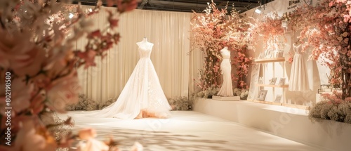 A bridal expo utilizes a soft, floraldecorated stage for runway shows, highlighting the latest in wedding fashion against a dreamy, romantic setting, product display background