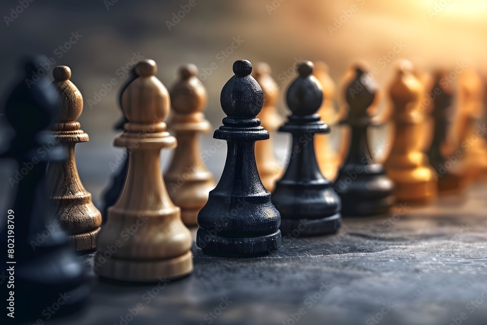 A chessboard at sunset, highlighted by the golden light on detailed black and wooden chess pieces A chessboard at sunset, highlighted by the golden light on detailed black and wooden chess pieces