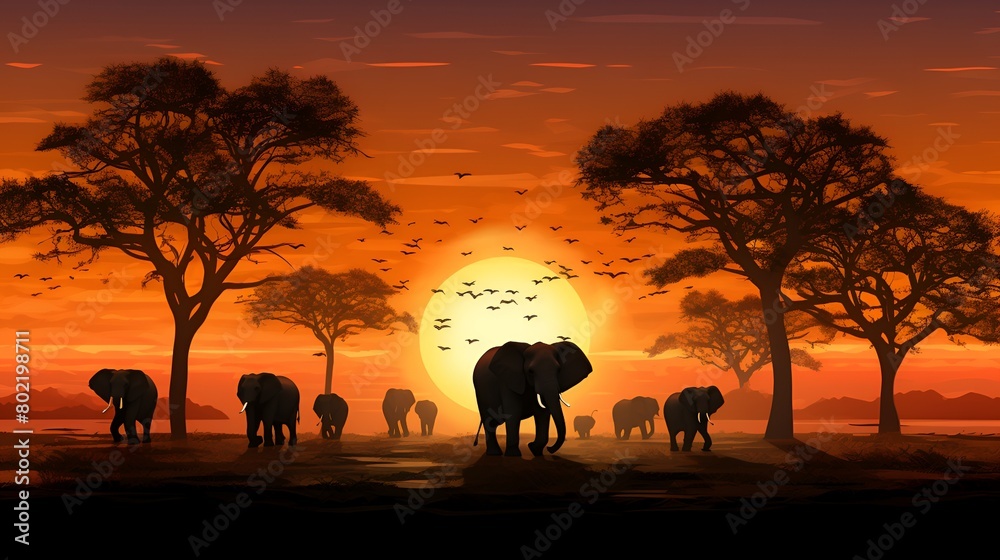 The majestic African elephant herd grazes at sunset in the savan