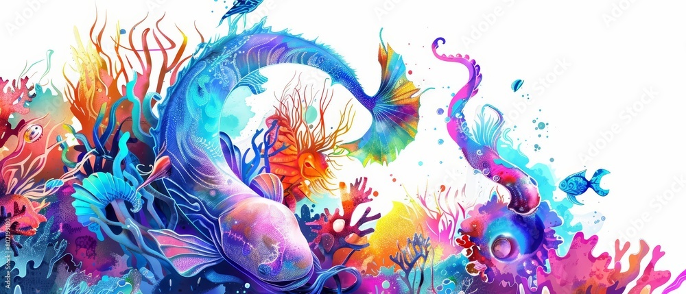 Obraz premium A cyber watercolor painting features a surreal underwater scene with exotic sea creatures