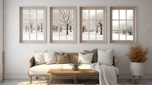 A beautiful living room with a view of the snowy forest outside