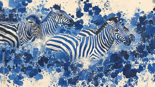 A painting of three zebras in a blue and white swirl